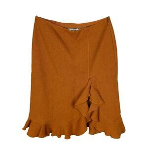 Moschino Vintage 90s Orange Woven Wool Ruffle Midi Skirt 8